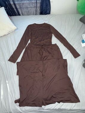 Brown Two-Piece Long Sleeve Top & Wide Leg Pant Set